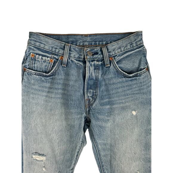Levi 501 Cropped Straight Jeans Ankle Distressed Hem 90s Grunge Preppy Y2K Sz 24 - Picture 3 of 12